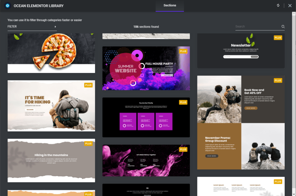 oceanwp elementor sections library new design showcase