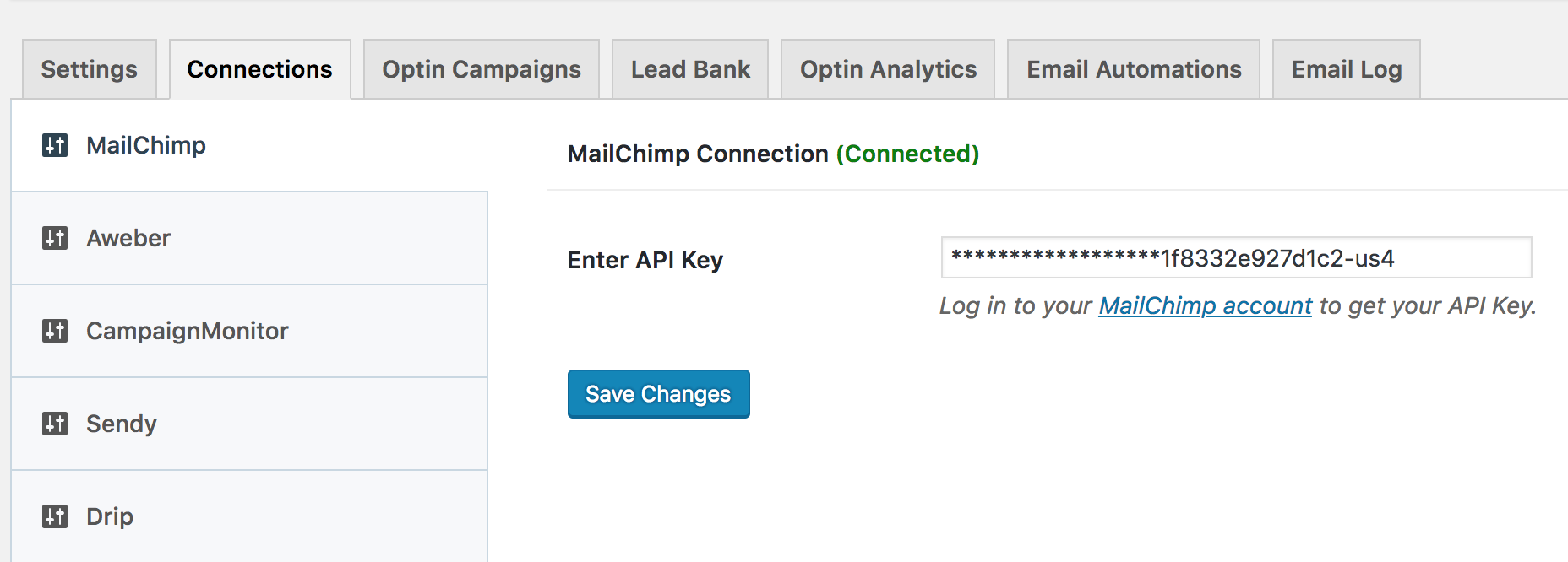 MailChimp settings in MailOptin