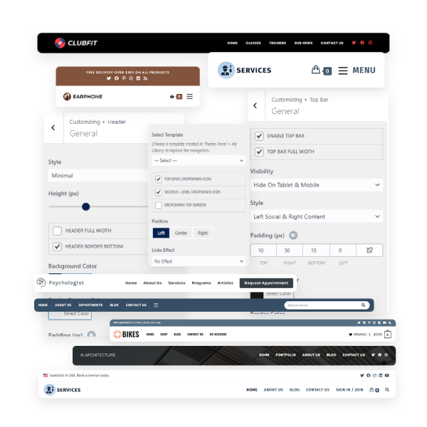 OceanWP theme header and top bar features display