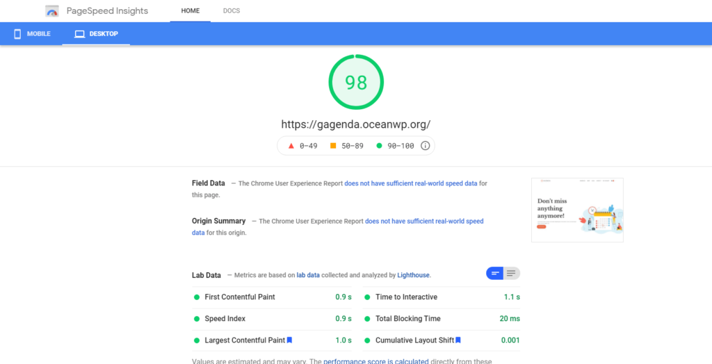 elementor vs gutenberg: page speed comparison: gutenberg page desktop