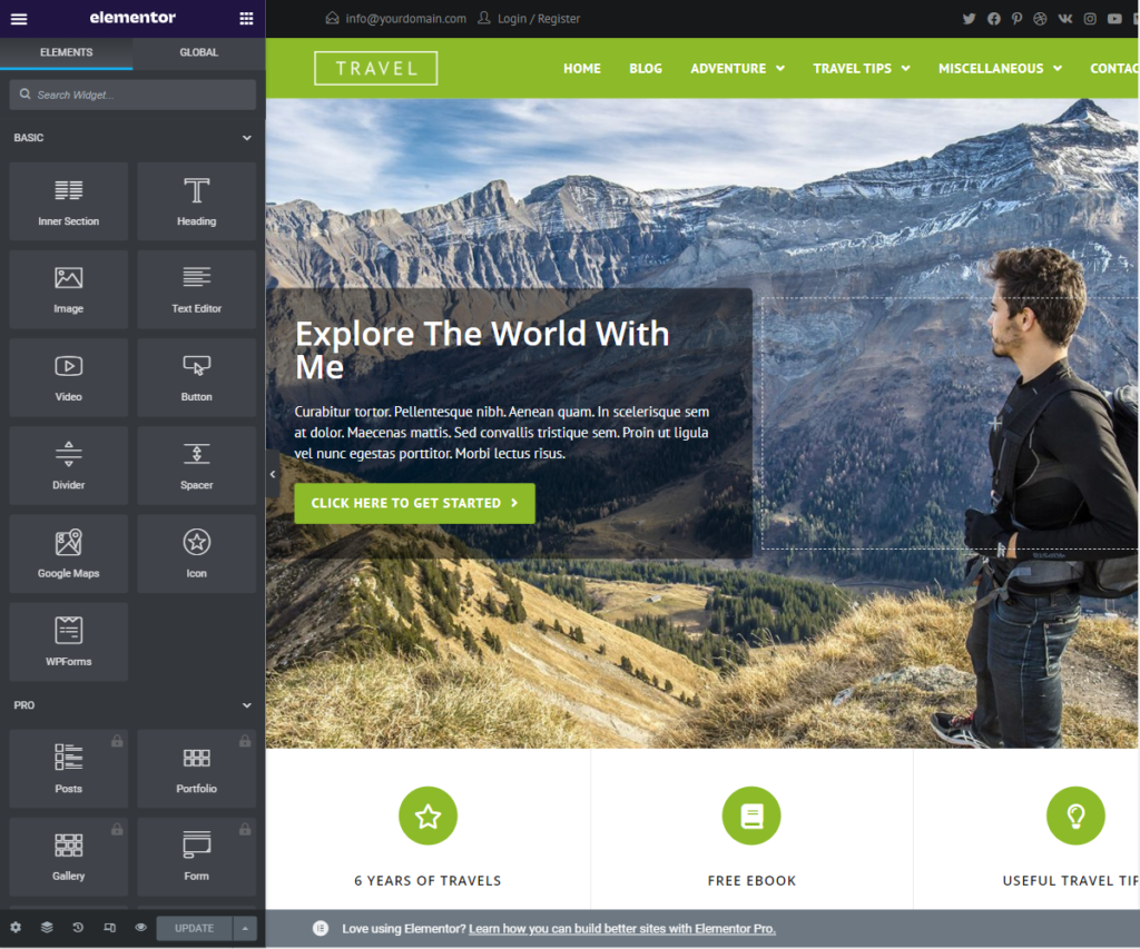 OceanWP Travel website demo template edited in Elementor